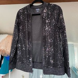 More than magic mesh black bomber glitter jacket